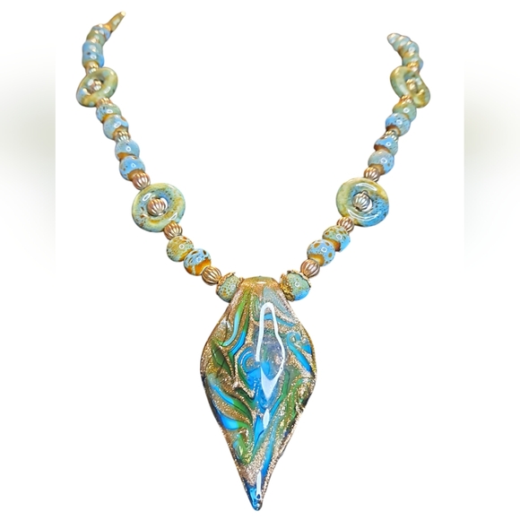 Aqua Green Glass Teardrop Shape With Calcilica Beads 20" Long - Picture 2 of 8
